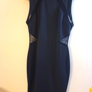 Black pencil midi dress, fishnet cutouts on the neck and waist, Size 8